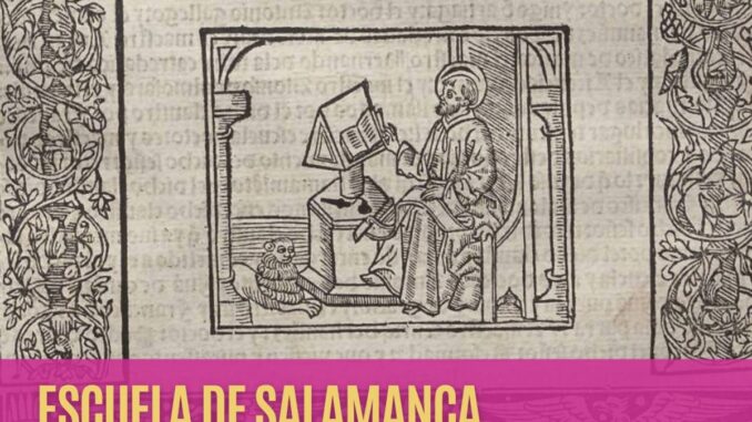 Cartel conmemorativo de la Escuela de Salamanca con texto sobre Francisco de Vitoria y su cátedra en la Universidad de Salamanca en 1526