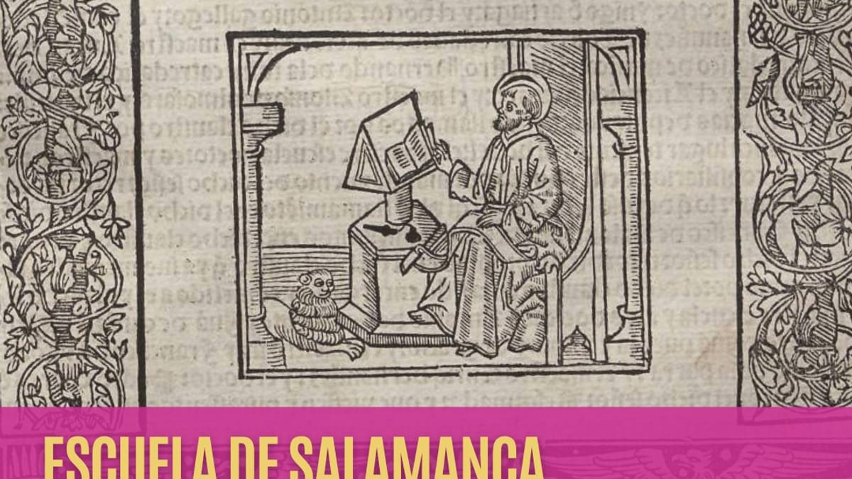 Cartel conmemorativo de la Escuela de Salamanca con texto sobre Francisco de Vitoria y su cátedra en la Universidad de Salamanca en 1526