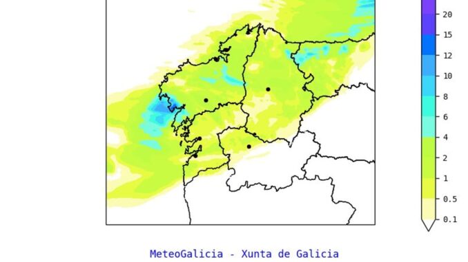 Mapa de precipitaciones acumuladas en 1 hora previsto para Galicia por MeteoGalicia