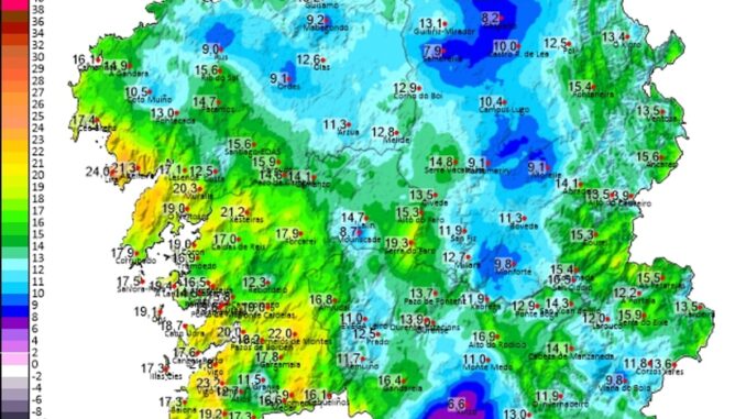 Galicia registra mínimas de 4ºC en Calvos de Randín frente a 23ºC en Vigo Mapa de temperaturas mínimas registradas en Galicia la madrugada del 20 de septiembre, mostrando valores desde 4ºC en el interior hasta 23ºC en la costa