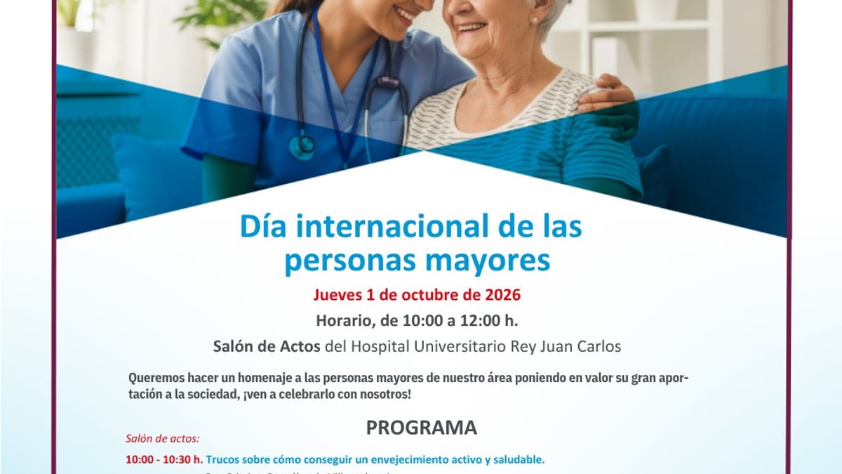 Cartel informativo del Día Internacional de las Personas Mayores del Hospital Universitario Rey Juan Carlos de Navalcarnero con programa de actividades del 1 de octubre