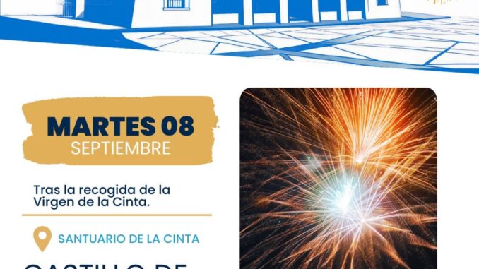 Cierra las Fiestas de la Cinta con castillo de fuegos artificiales en Huelva Cartel oficial de las Fiestas de la Cinta 2026 de Huelva anunciando el castillo de fuegos artificiales del 8 de septiembre