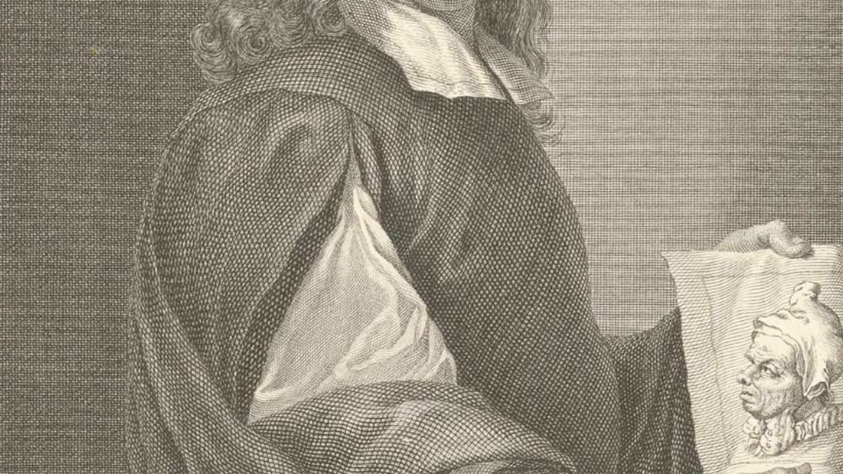 Grabado o retrato en blanco y negro del siglo XVII que muestra a un hombre con cabello largo ondulado sosteniendo un papel con un perfil grabado