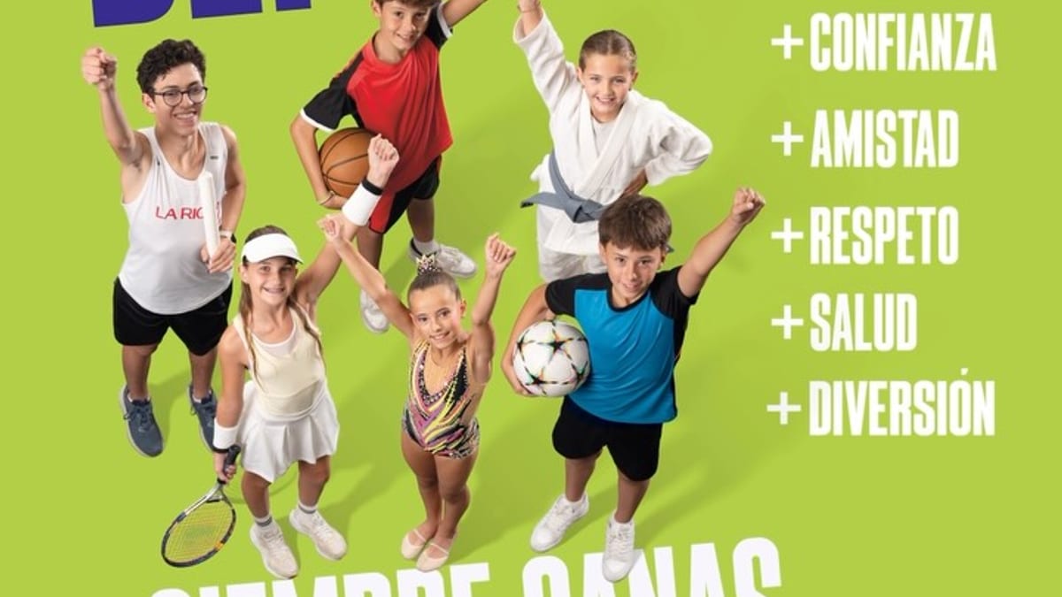 Cartel promocional de los Juegos Deportivos de La Rioja destacando los beneficios del deporte: confianza, amistad, respeto, salud y diversión