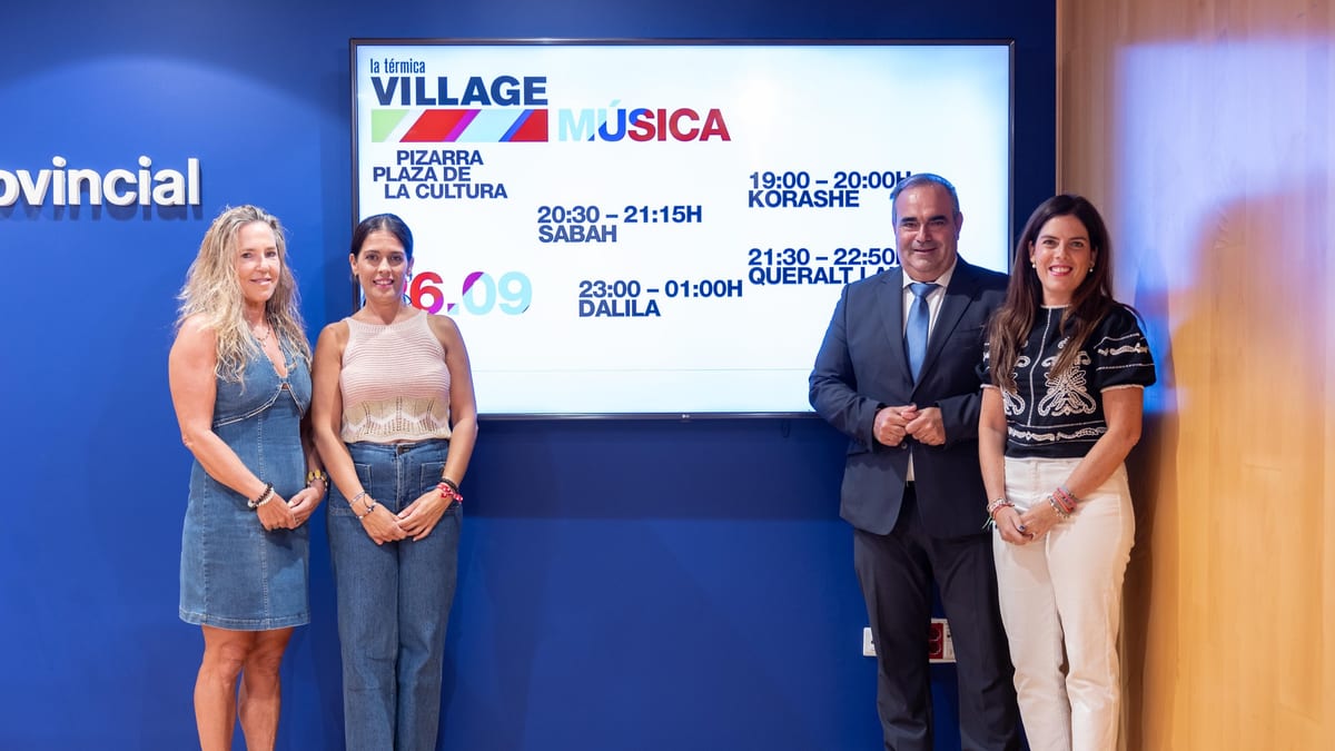 Cartel del evento La Térmica Village en Pizarra del 26 de septiembre con la programación musical de Korashe, Sabah, Queralt Lahoz y Da Lila