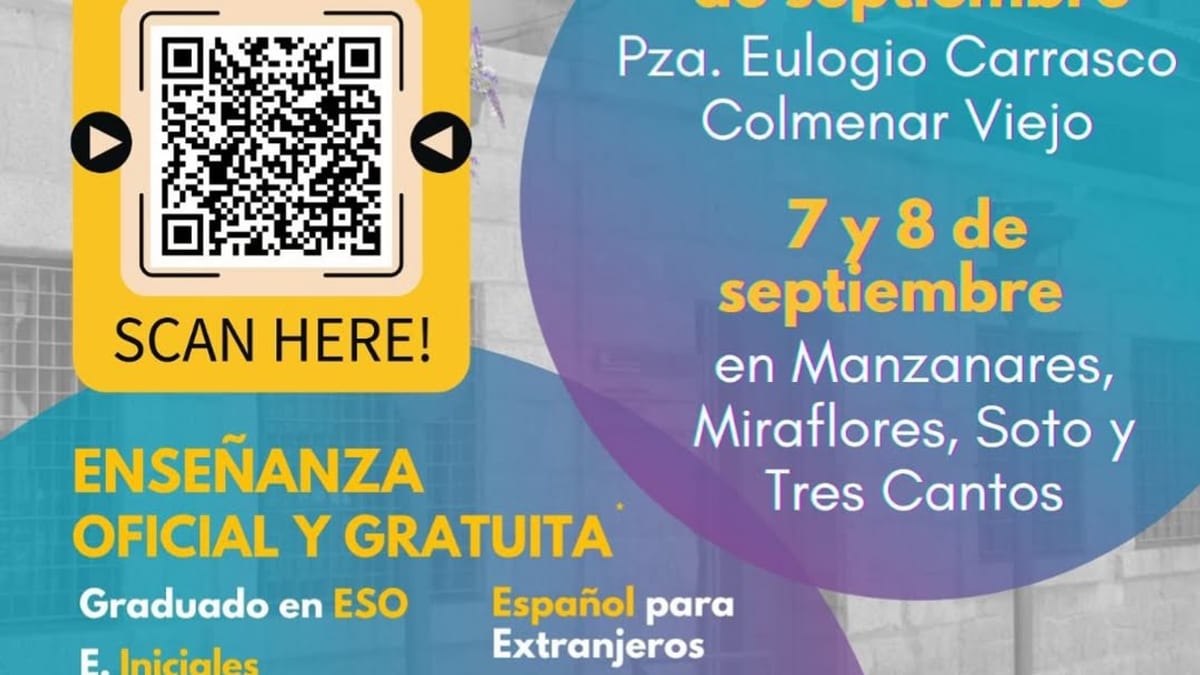 Cartel informativo de matrícula CEPA Colmenar Viejo curso 2026-27 con fechas, lugares y oferta educativa