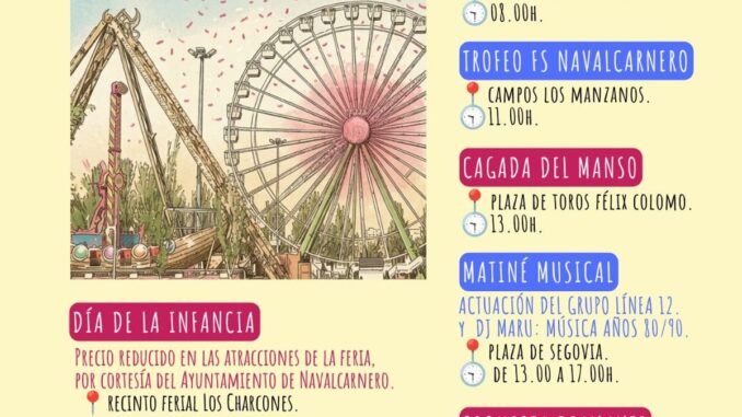 Celebra el Día de la Infancia en la Feria con música y tradición en Navalcarnero Cartel de programación de la Feria de Navalcarnero del domingo 6 de septiembre con actividades del Día de la Infancia