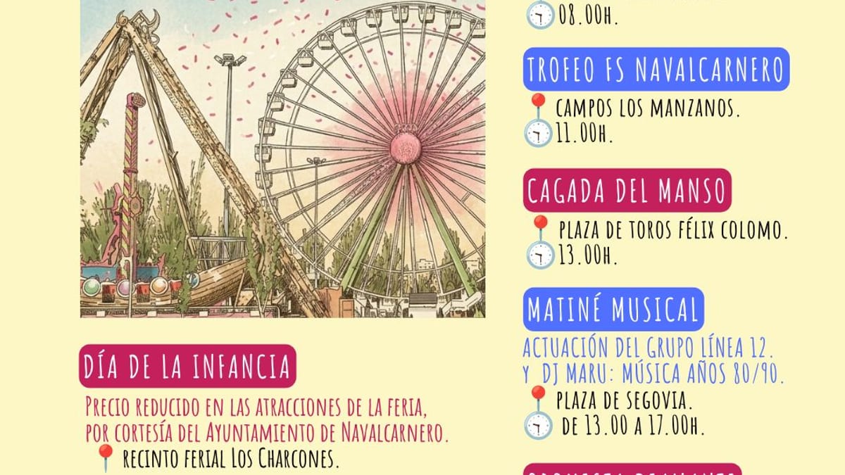 Cartel de programación de la Feria de Navalcarnero del domingo 6 de septiembre con actividades del Día de la Infancia