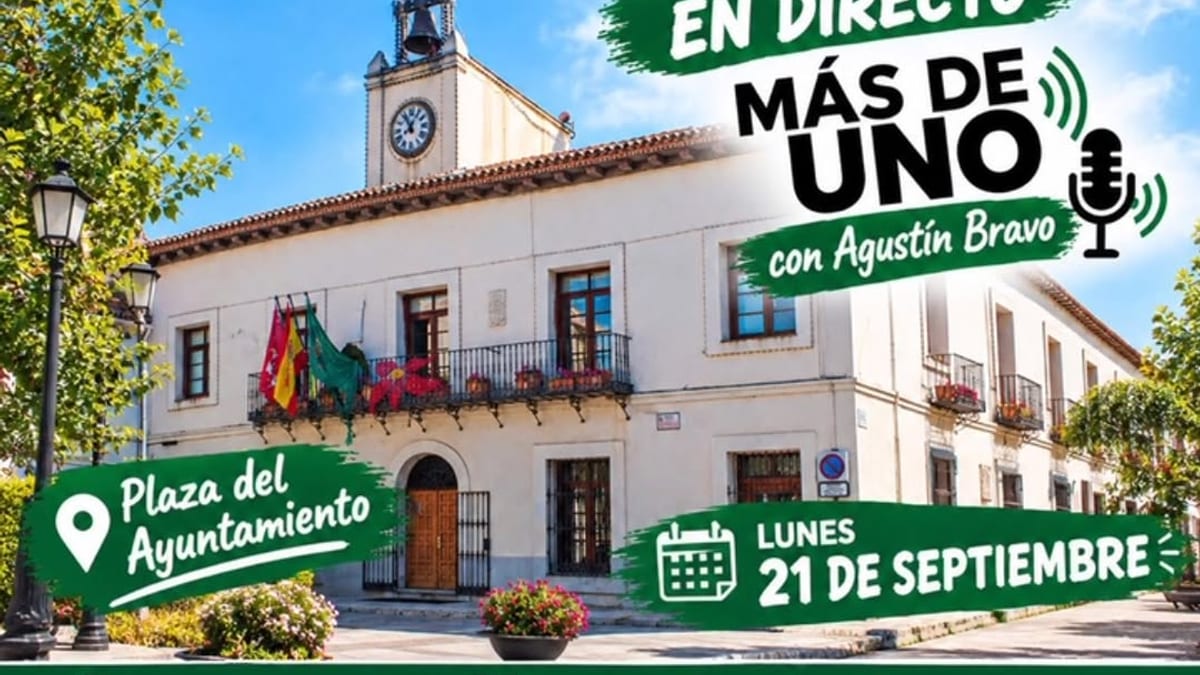 Anuncio de Onda Cero Madrid Sur emitiendo en directo desde Villaviciosa de Odón, con el programa 'Más de Uno' en la Plaza del Ayuntamiento el lunes 21 de septiembre
