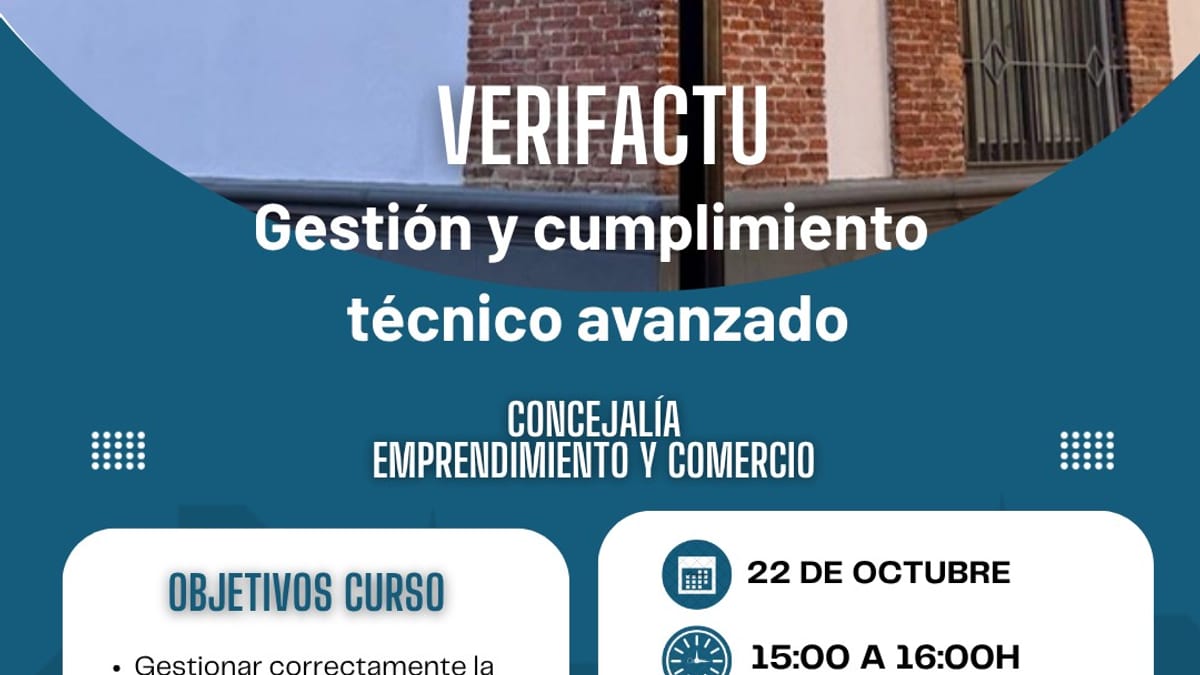 Cartel de la formación Verifactu: Gestión y cumplimiento técnico avanzado organizada por la Concejalía de Emprendimiento y Comercio de Pinto