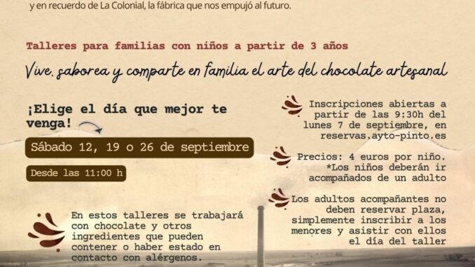 Cartel promocional de talleres de chocolate en Pinto para septiembre, con información sobre actividades familiares en La Casa de la Cadena