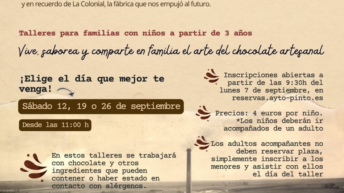 Cartel promocional de talleres de chocolate en Pinto para septiembre, con información sobre actividades familiares en La Casa de la Cadena