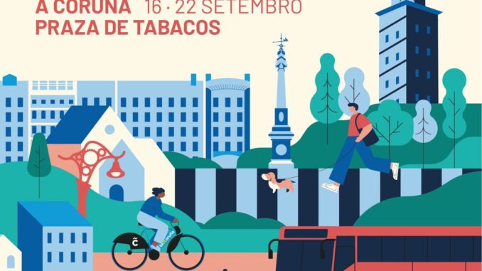 Cartel promocional de la Semana Europea de la Movilidad 2026 en A Coruña, con actividades del 16 al 22 de septiembre en la plaza de Tabacos