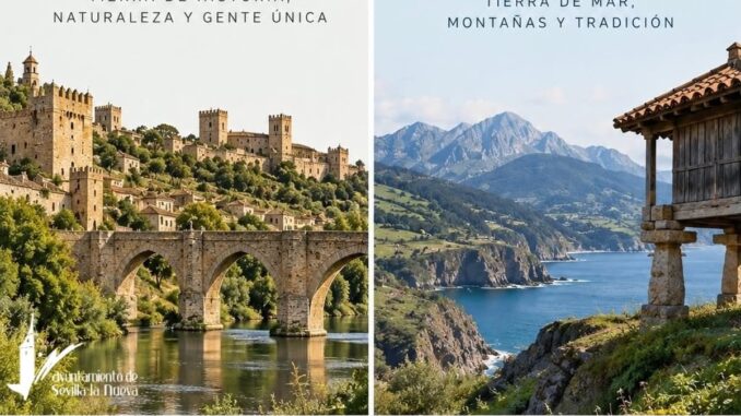 Cartel conmemorativo del Día de Extremadura (tierra de historia, naturaleza y gente única) y Día de Asturias (tierra de mar, montañas y tradición) del Ayuntamiento de Sevilla la Nueva