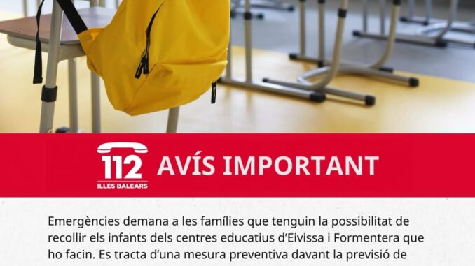 Suspensión de clases esta tarde en Eivissa y Formentera por alerta de tormentas Comunicado de Emergencias de las Islas Baleares sobre suspensión de clases en Eivissa y Formentera