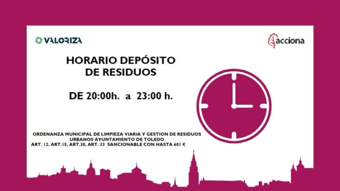 Intensifica la vigilancia del horario de depósito de residuos en Toledo Cartel informativo del Ayuntamiento de Toledo sobre el horario de depósito de residuos de 20:00 a 23:00 horas y sanciones por incumplimiento