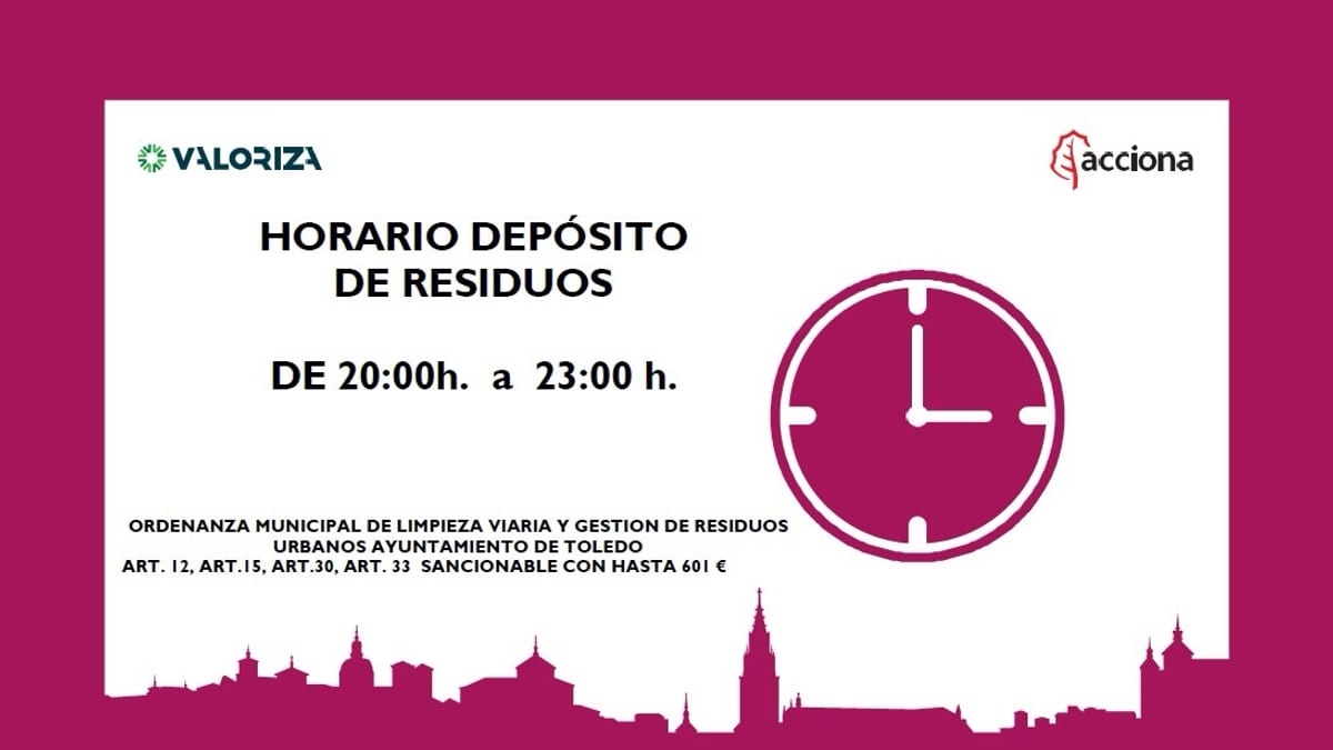 Cartel informativo del Ayuntamiento de Toledo sobre el horario de depósito de residuos de 20:00 a 23:00 horas y sanciones por incumplimiento