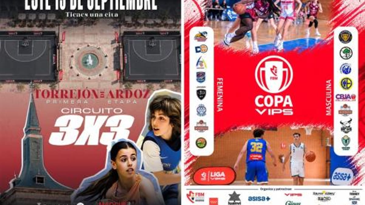 Cartel de promoción de los torneos de baloncesto MadCup 3x3 y Copa VIPS en Torrejón de Ardoz con logos de patrocinadores