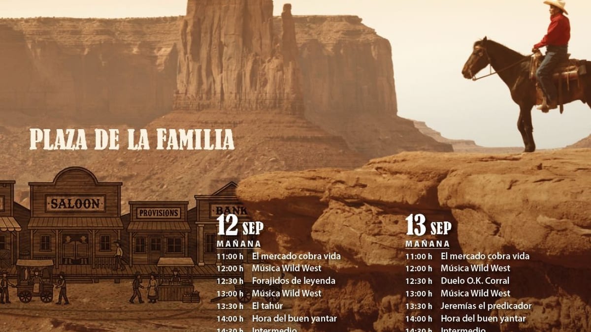 Cartel del Mercado Far West en Tres Cantos con programación de espectáculos y actividades del 11 al 13 de septiembre