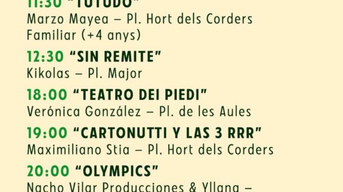 Cartel con programación del POT en Castellón: espectáculos de circo y teatro de calle para hoy domingo 20 de diumenge