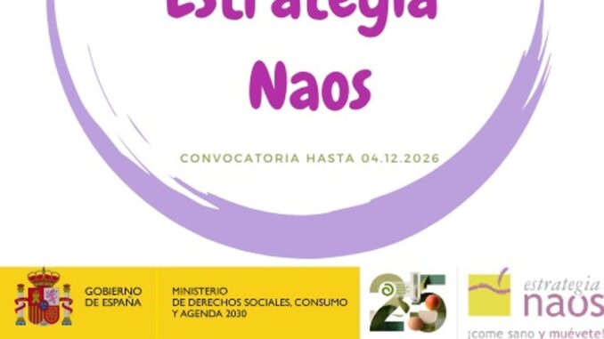 Abierta la convocatoria de los XX Premios Estrategia NAOS 2026 Cartel de la convocatoria XX Edición Premios Estrategia NAOS 2026, con el logo del Ministerio de Derechos Sociales, Consumo y Agenda 2030