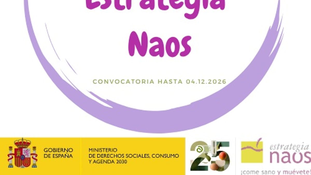 Cartel de la convocatoria XX Edición Premios Estrategia NAOS 2026, con el logo del Ministerio de Derechos Sociales, Consumo y Agenda 2030