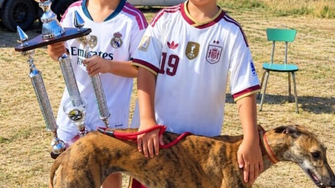 Celebrado el XXXIV Trofeo de Galgos en Pista en las Fiestas Patronales Ganadores del XXXIV Trofeo de Galgos en Pista mostrando sus trofeos en la Dehesa de Mari Martín durante las Fiestas Patronales 2026 de Navalcarnero