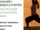 Cartel promocional de la clase de yoga gratuita en la Playa de Colón de Huelva. Texto: Conexión cuerpo y mente, clase de yoga para todos los niveles, viernes 4 de septiembre, 19:30 h