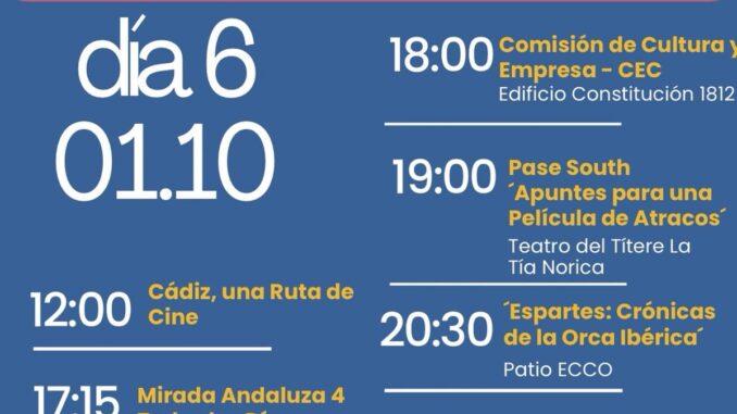 Cartel informativo de la jornada final del festival Alcances58 en Cádiz con programación de películas, talleres y actividades