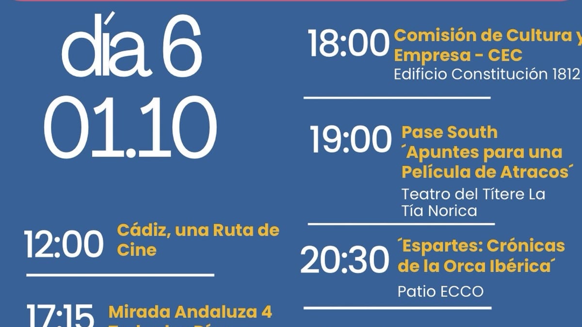 Cartel informativo de la jornada final del festival Alcances58 en Cádiz con programación de películas, talleres y actividades