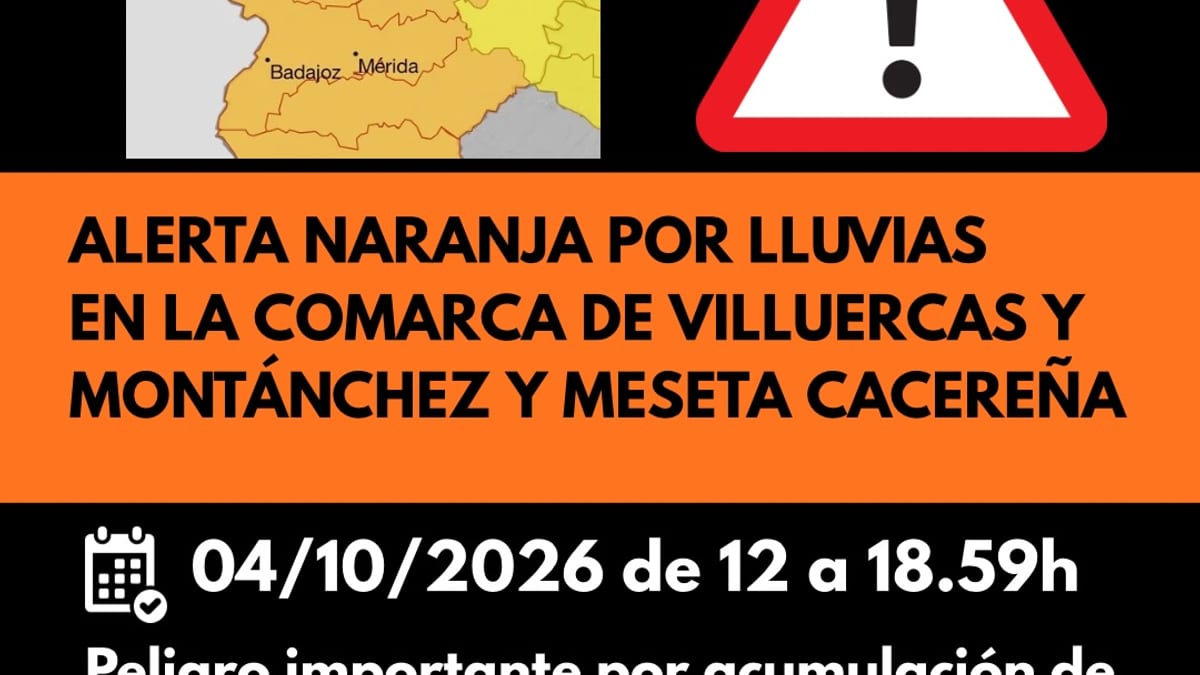 Cartel de alerta naranja por lluvias de la Diputación de Cáceres para las comarcas de Villuercas, Montánchez y Meseta Cacereña