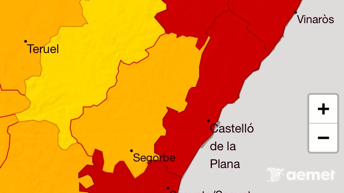 Mapa de la provincia de Castellón indicando zonas afectadas por alerta roja: Tortosa, Morella, Vinaròs, Teruel, Castelló de la Plana y Segorbe