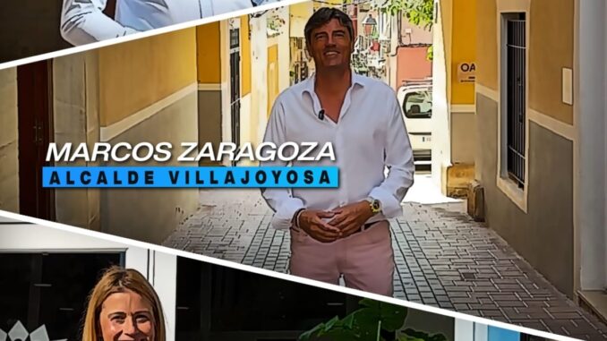 Cartel de la Diputación de Alicante con información sobre la inversión de 8 millones de euros en la Marina Baixa y logos de alcaldes de municipios participantes