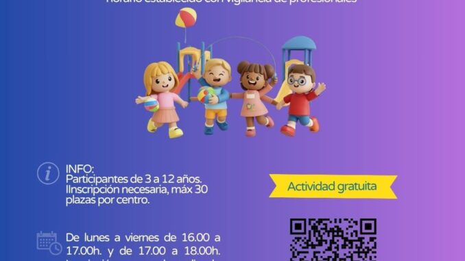 Abre sus patios escolares para que niños de 3 a 12 años jueguen gratis en Pinto Cartel del programa Patios Abiertos de Pinto 2026-2027 con información de horarios, ubicaciones y requisitos de inscripción